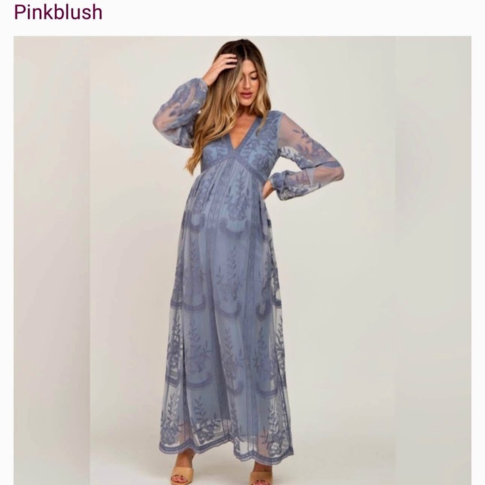 PinkBlush Blue Grey Lace Mesh Overlay Long Sleeve Maternity Maxi Dress